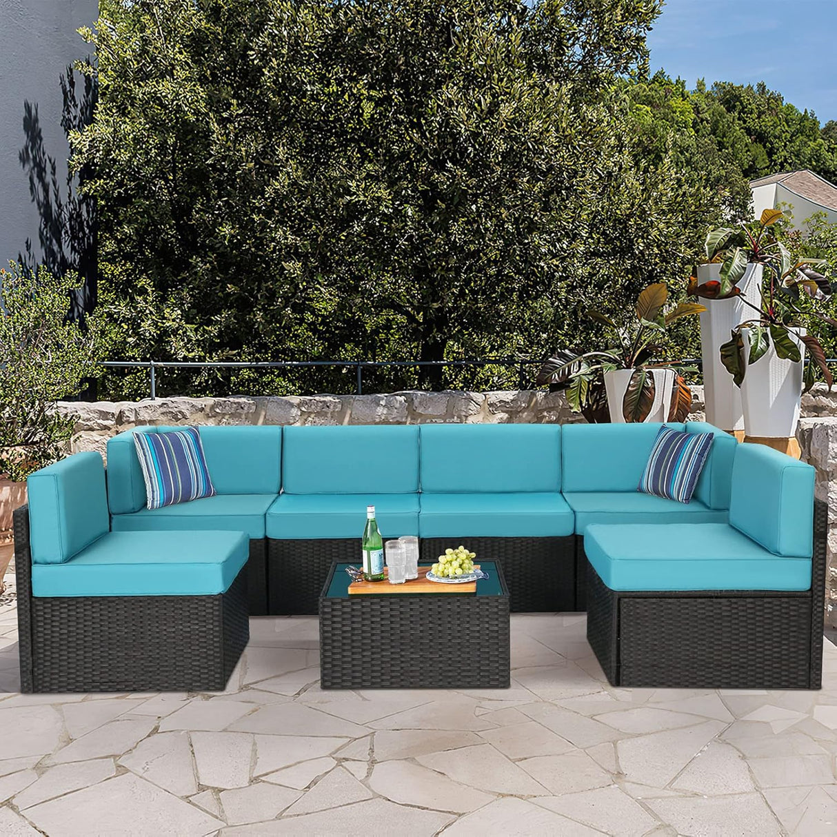 U-MAX Juego de muebles de patio de 7 piezas, juego de sofá de mimbre de ratán de polietileno negro para todo tipo de clima, juego de conversación de muebles seccionales con fundas de cojín azules y mesa auxiliar para porche, jardín, piscina