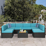U-MAX Juego de muebles de patio de 7 piezas, juego de sofá de mimbre de ratán de polietileno negro para todo tipo de clima, juego de conversación de muebles seccionales con fundas de cojín azules y mesa auxiliar para porche, jardín, piscina
