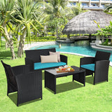 Goplus Juego de muebles de ratán para patio, 4 piezas, sofá y mesa de mimbre para exteriores con cojines suaves y mesa de centro de vidrio templado para balcón, jardín, patio trasero (turquesa)