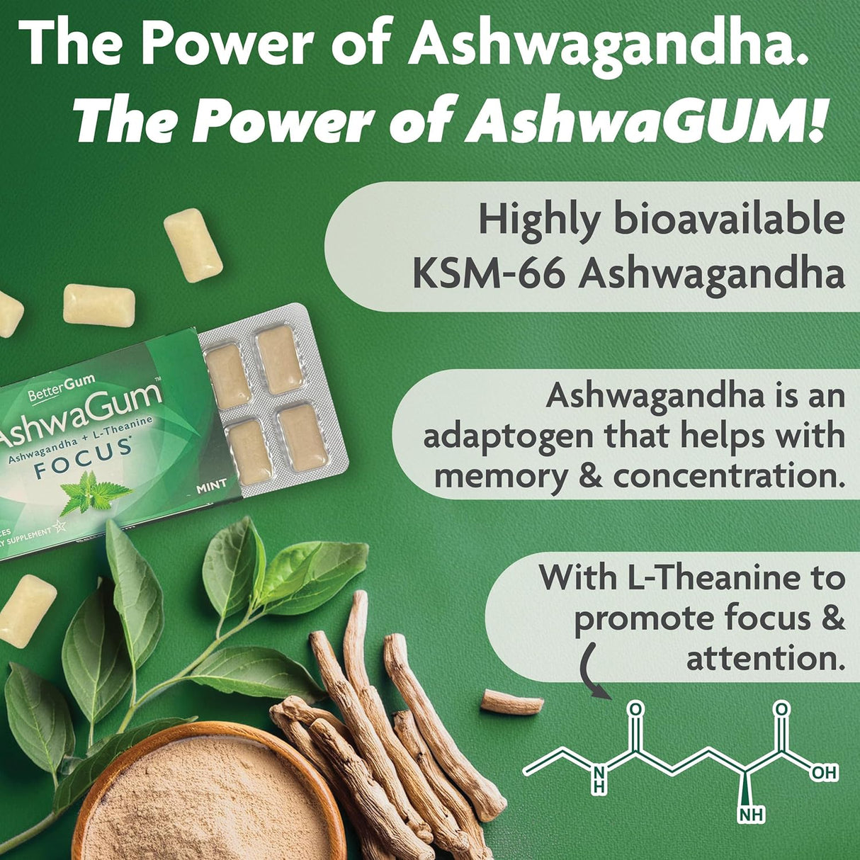 Goma de Concentración AshwaGum, BetterGum, Sin Azúcar, 6 Pzs
