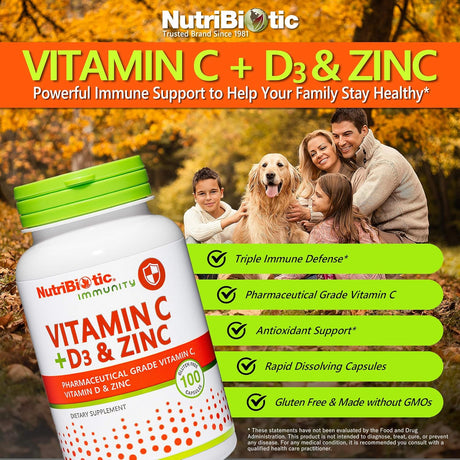 NutriBiotic Vitamina C+D3+Zinc 100 Cápsulas | Apoyo inmunidad