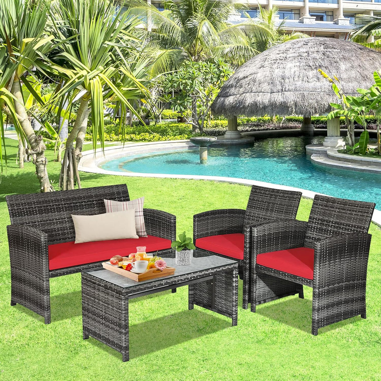 Goplus Juego de muebles de ratán de 4 piezas, sofá de conversación de mimbre para exteriores con cojines resistentes a la intemperie y mesa de vidrio templado para césped, patio, piscina, jardín (rojo)