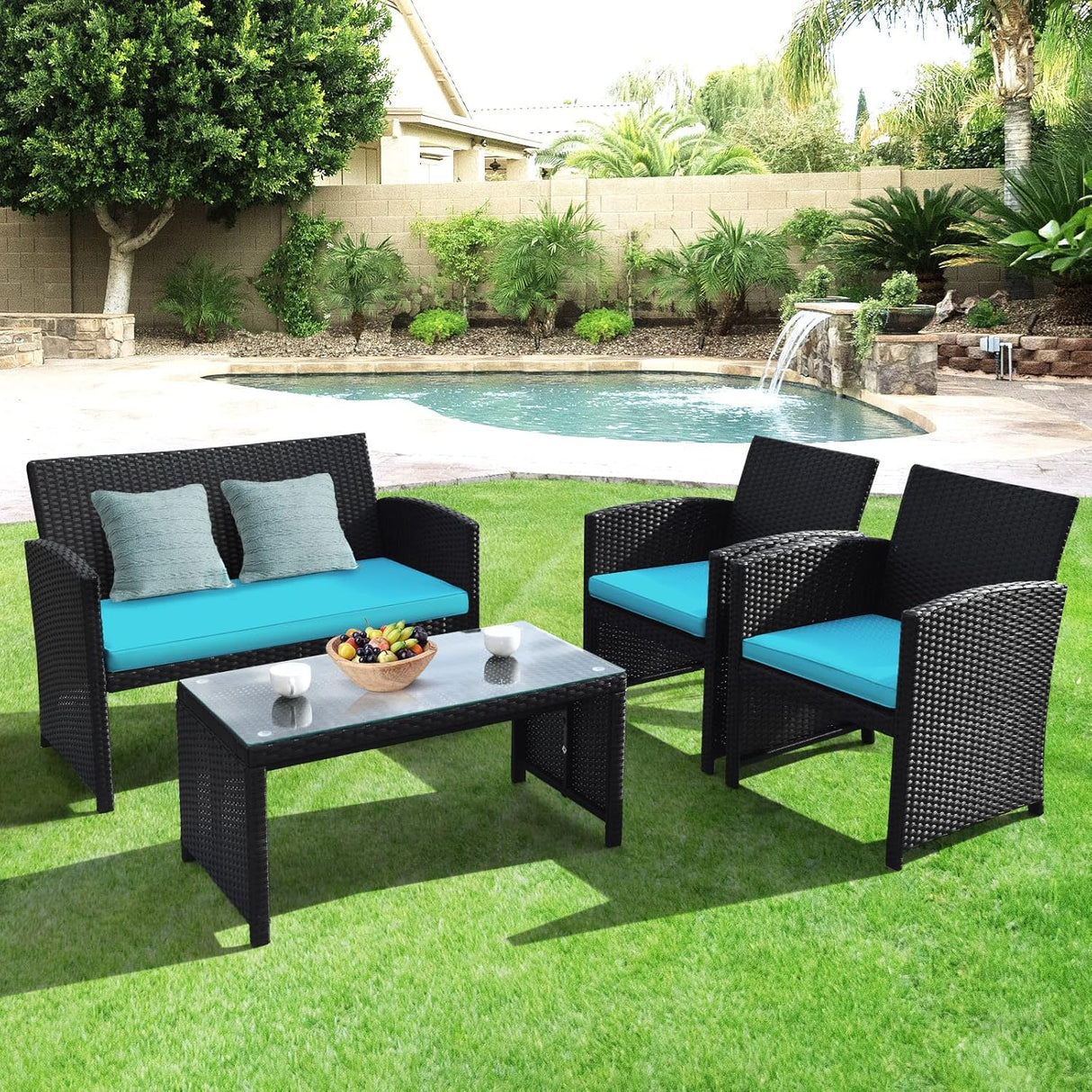 Goplus Juego de muebles de ratán para patio, 4 piezas, sofá y mesa de mimbre para exteriores con cojines suaves y mesa de centro de vidrio templado para balcón, jardín, patio trasero (turquesa)