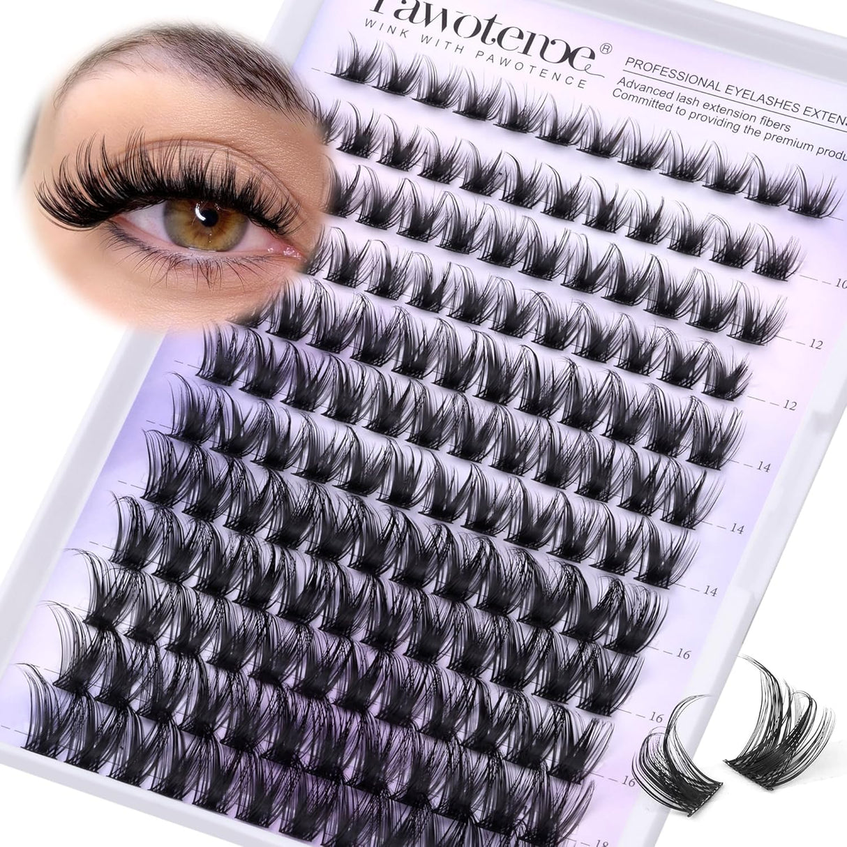 Pawotence Pestañas en Racimo 144pcs 10-18mm Extensiones Suaves