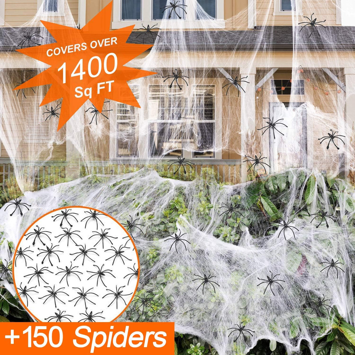 Adorno de 1400 pies2 de telarañas con 150 arañas de imitación, decoración interior y exterior muy elástica para Halloween