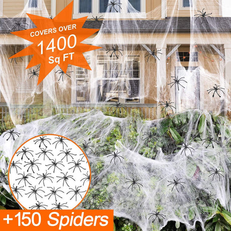 Adorno de 1400 pies2 de telarañas con 150 arañas de imitación, decoración interior y exterior muy elástica para Halloween