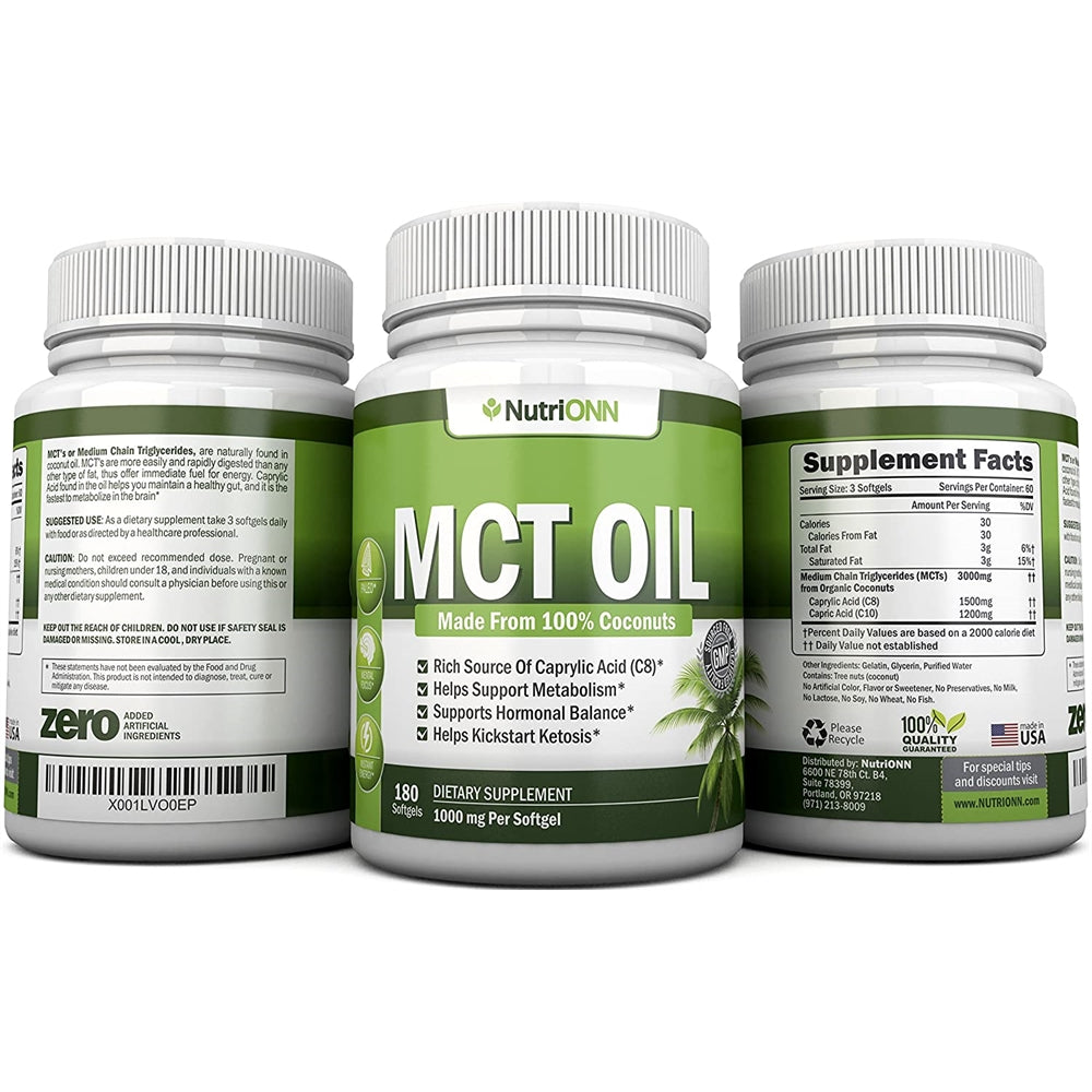 Suplemento Aceite MCT  Hecho de cocos 100% orgánicos 180 cáp
