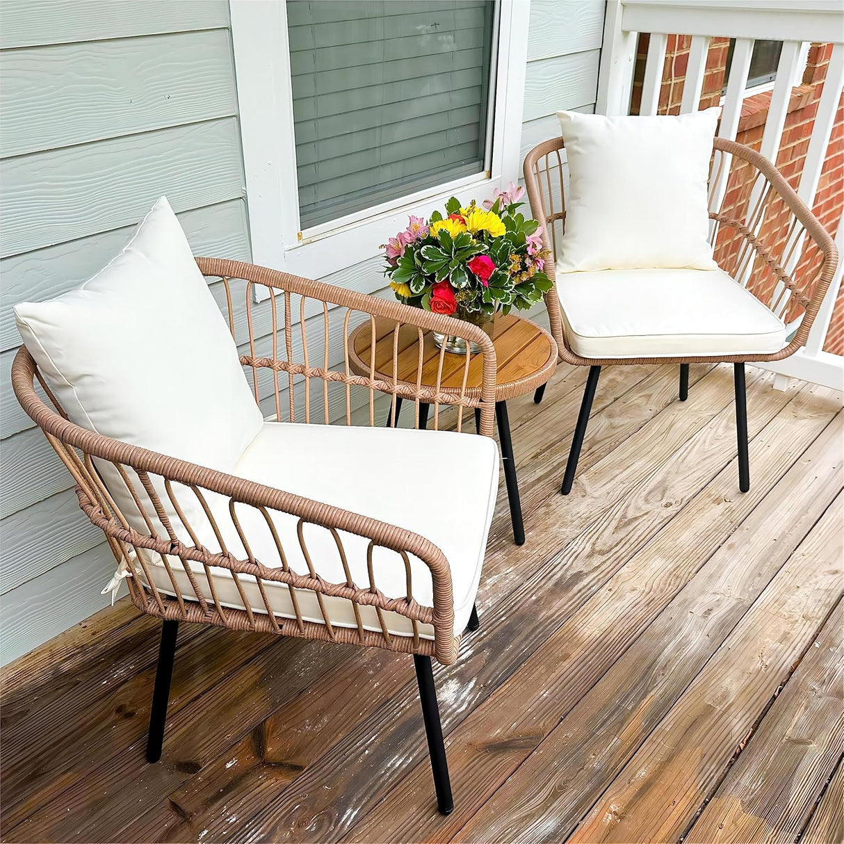 YITAHOME Juego de 3 piezas de mimbre para patio al aire libre, juego de muebles de ratán para todo tipo de clima con mesa y cojines, sofá seccional al aire libre para patio, balcón, patio trasero, terraza