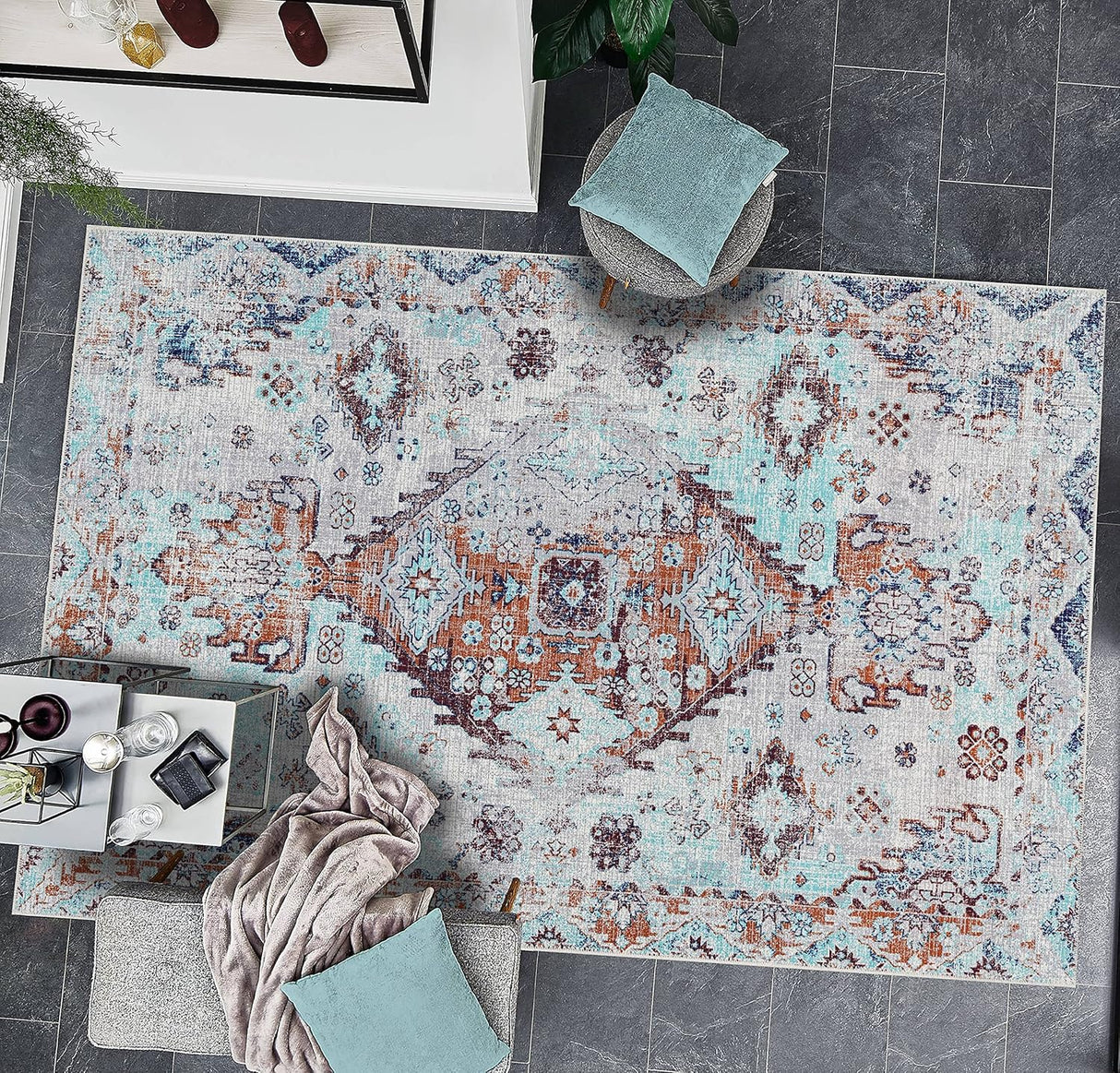 Alfombra Adiva Lavable 6x9, Antideslizante, Vintage, Modelo 6' x 9
