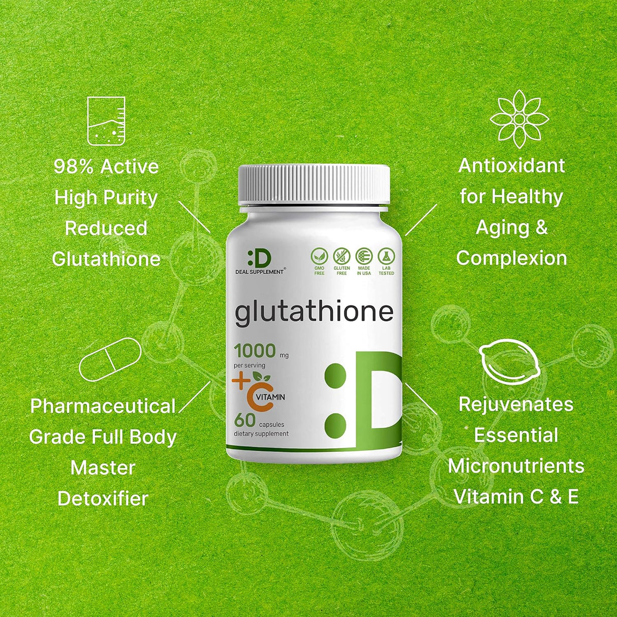 Suplemento de glutatión 1000 mg por porción 98% de pureza
