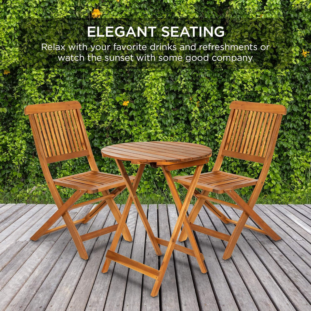 Best Choice Products - Juego de bistró de madera de acacia (3 piezas), muebles plegables adecuados para patio, jardín, balcón, terraza; incluye 2 sillas, mesa auxiliar redonda, terminación teca natural