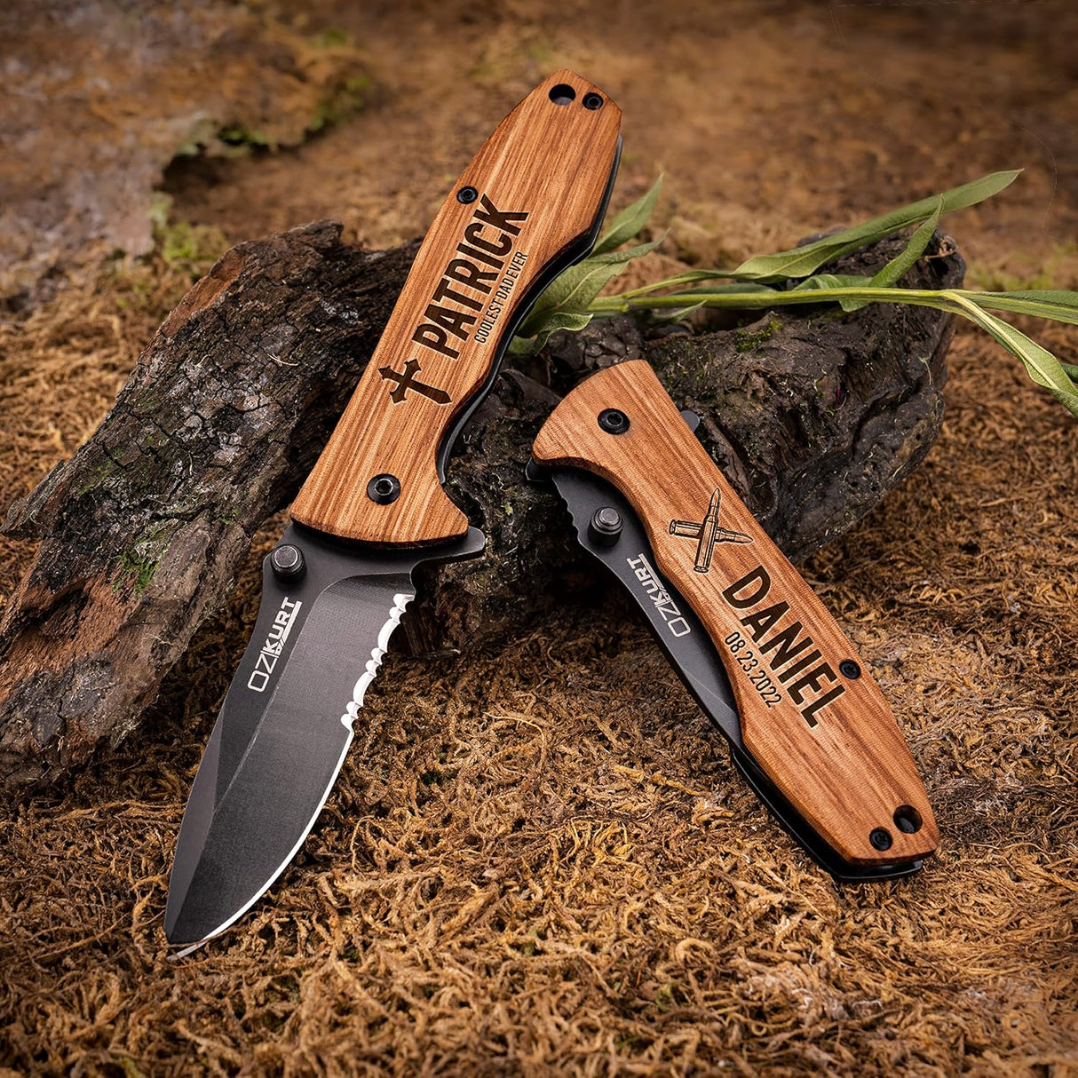 Cchillo de bolsillo de madera de roble grabado personalizado