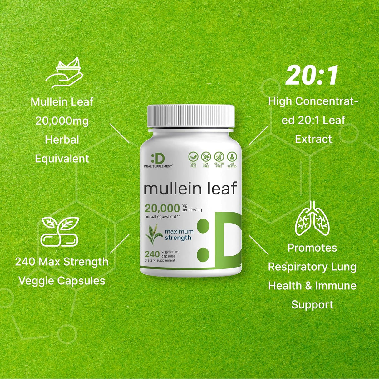 Suplemento Hoja de gordolobo 20,000 mg, 240 cápsulas
