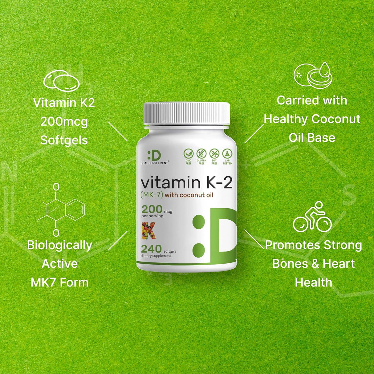 Aceite de Coco Virgen Softgels con Vitamina K2 MK-7 200mcg