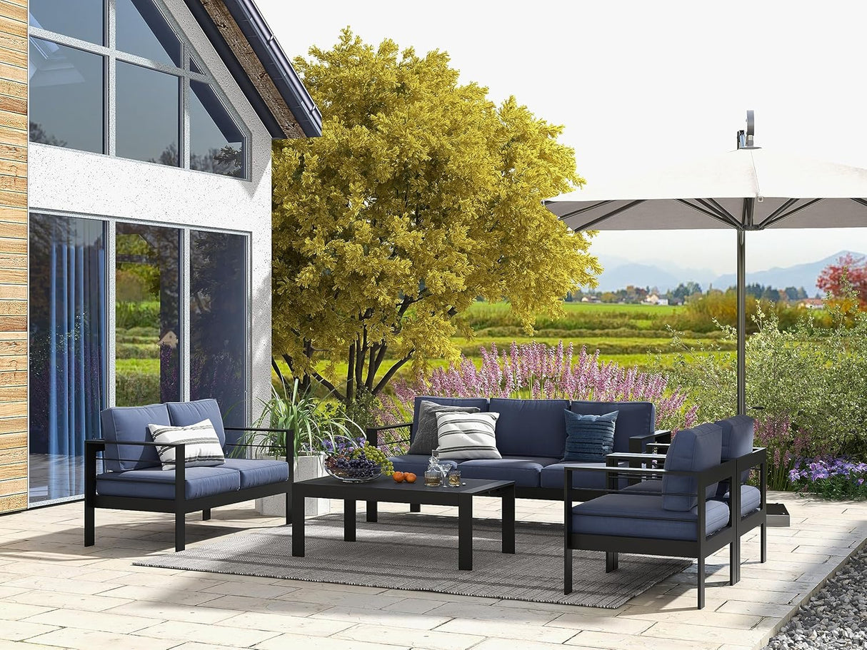 Solaste Juego de muebles de aluminio para patio, 5 piezas, moderno juego de conversación al aire libre, sofá seccional con cojín mejorado y mesa auxiliar, marco negro y cojín azul