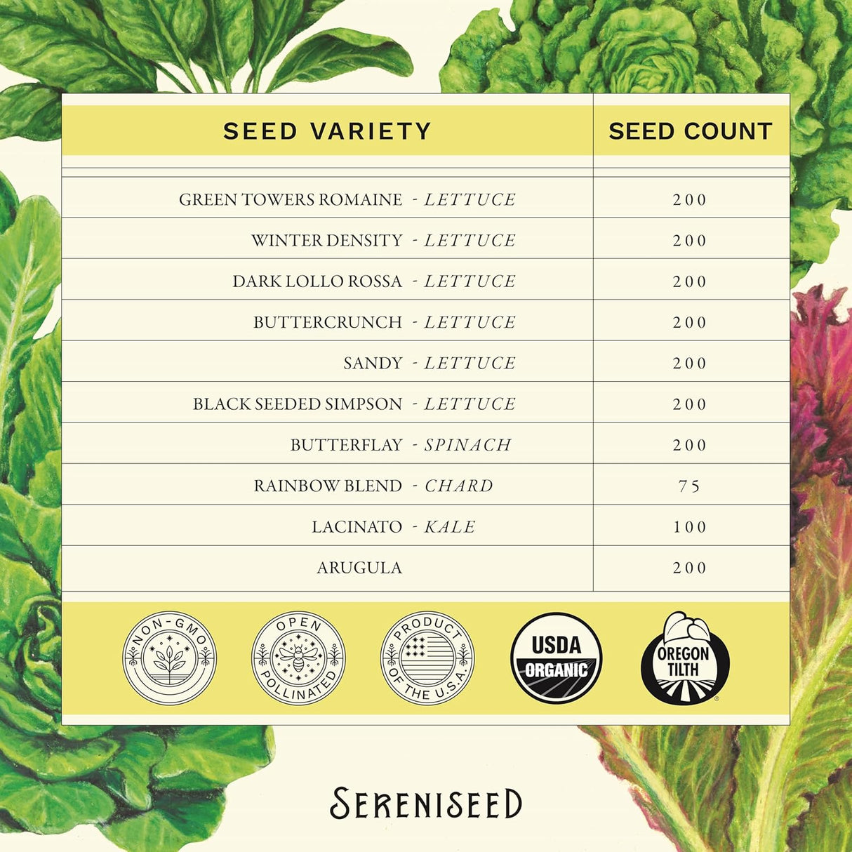 Colección de Semillas de Lechuga Sereniseed Orgánicas 10Pack