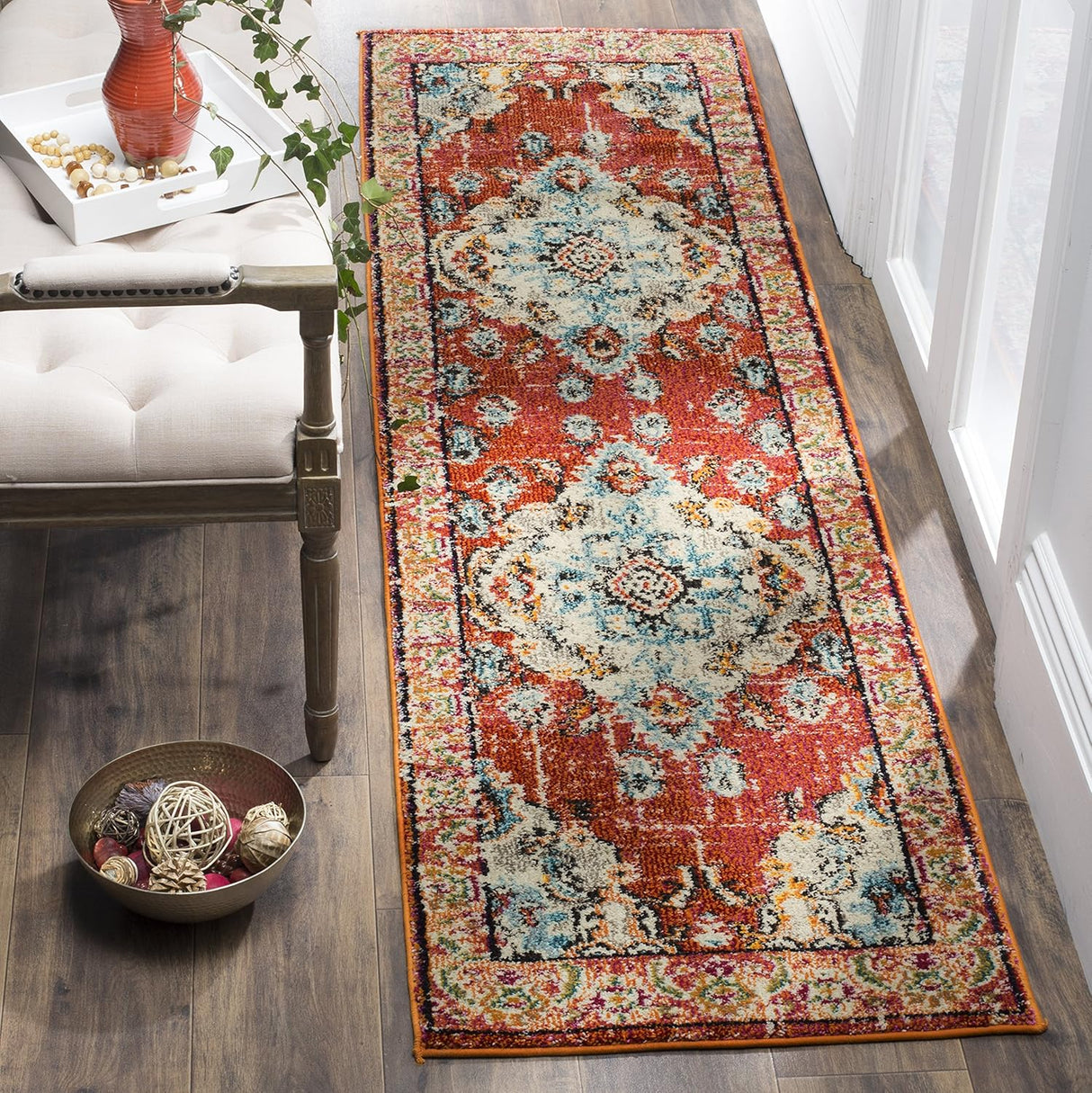 Alfombra Runner Boho Chic Medallón, Diseño Desgastado, MNC243H