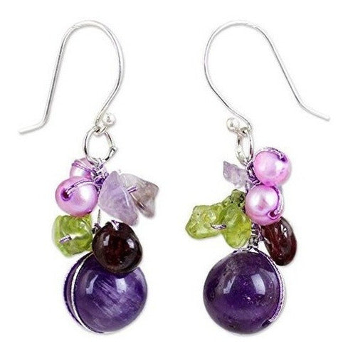 Novica Aretes De Granate Y Amatista Con Perlas De Agua Dulce