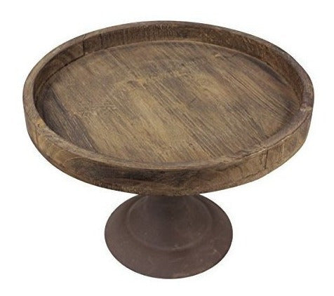Bandeja De Pedestal De Madera Y Metal Natural Desgastado
