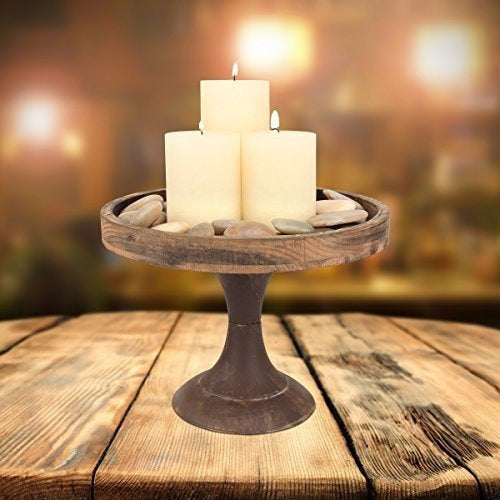 Bandeja De Pedestal De Madera Y Metal Natural Desgastado