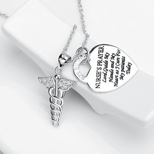 Collar de enfermería de ángel de caduceo de plata esterlina