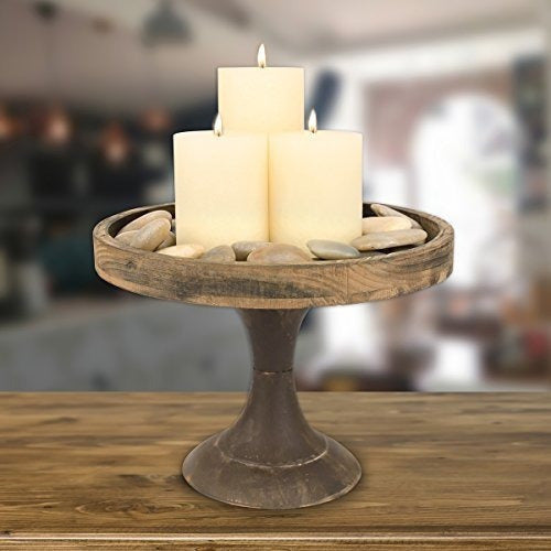 Bandeja De Pedestal De Madera Y Metal Natural Desgastado
