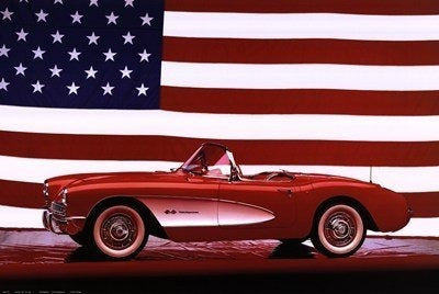 Corvette, 1957 Con Un Póster Con La Bandera De Los Ee.