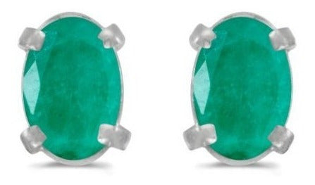 Aretes De Esmeralda Ovalados De Oro Blanco De 14 K