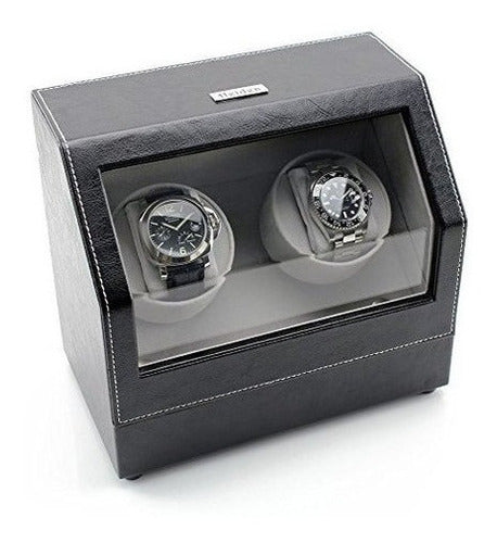 Enrollador De Reloj Doble Con Batería En Cuero Negro