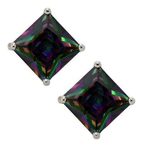 Princess Cut Rainbow Mystic Cz Stud Pendientes En Plata