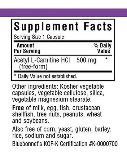 Bluebonnet Acetil L-carnitina 500 Mg Cápsulas De Vitamina