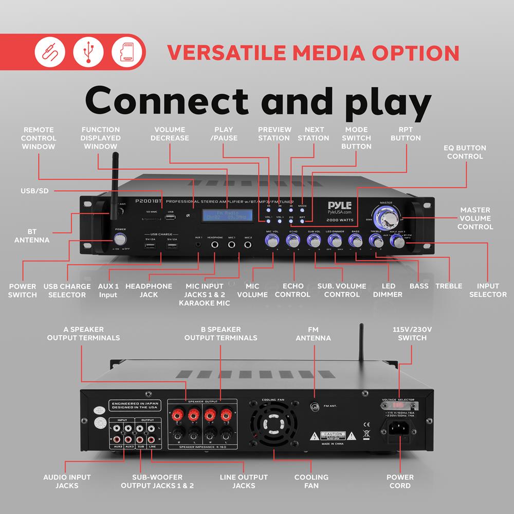 Amplificador de cine en casa con Bluetooth PYLE-HOME P2001BT