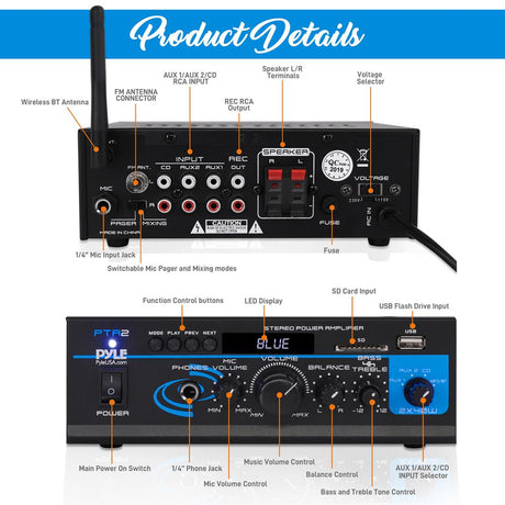 Amplificador de potencia estéreo PYLE-HOME PTA2