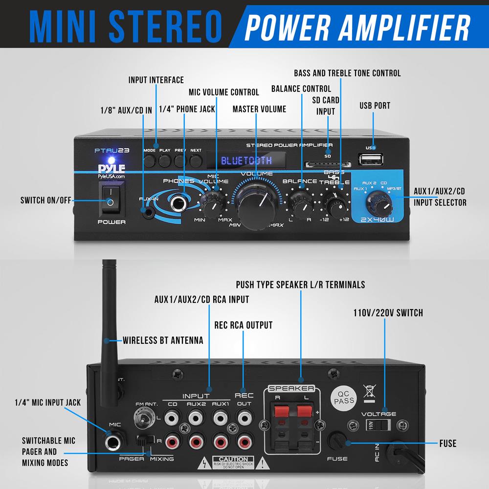 Amplificador de potencia estéreo negro PYLE-HOME PTAU45
