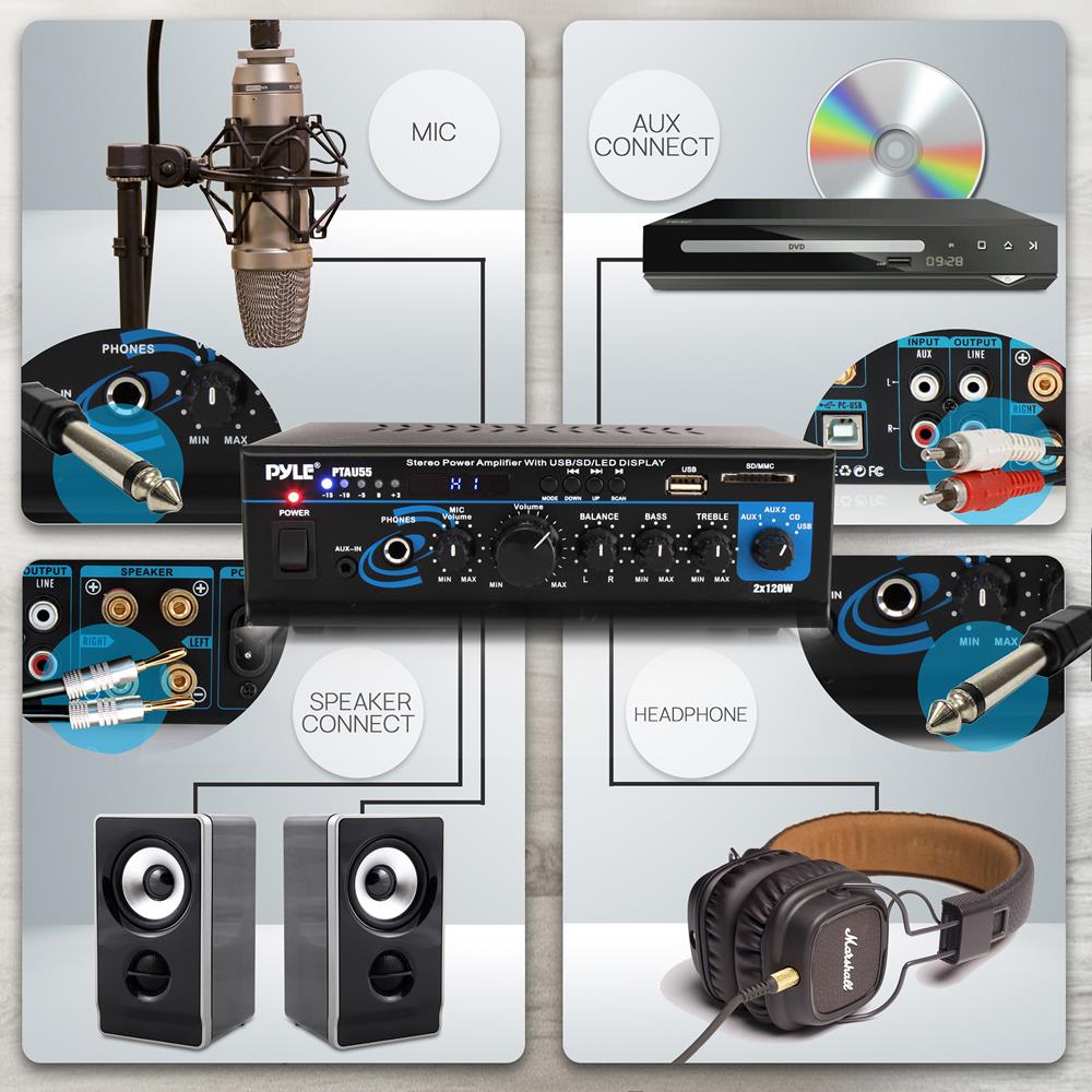 Amplificador de potencia estéreo negro PYLE-HOME PTAU55